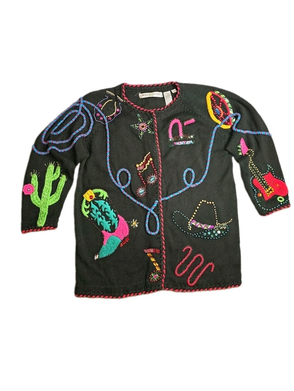 VTG 90s Michael Simon Western Cardigan Sweater Beaded Cowboy Boots Cactus EUC 1